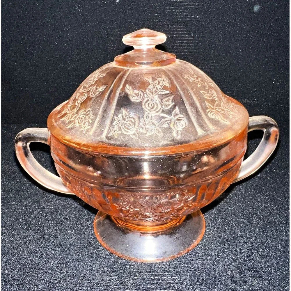 Federal Glass Sharon Cabbage Rose Sugar Bowl Lidded Pink Depression Glass